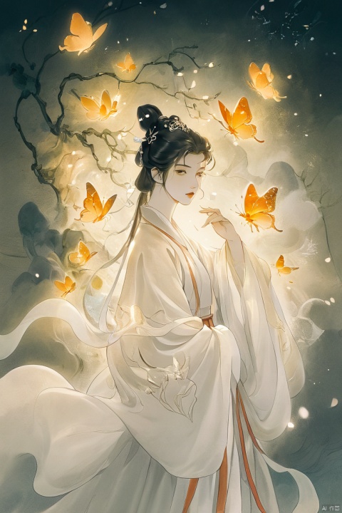 Goldeneast,illustration,chinese ink painting,myth,1 handsome Chinese young woman,mature and exquisitefacial features,sharp eyes,wearing white Hanfu andblack mecha,in battle,light particles,glowing butterflies,
,
