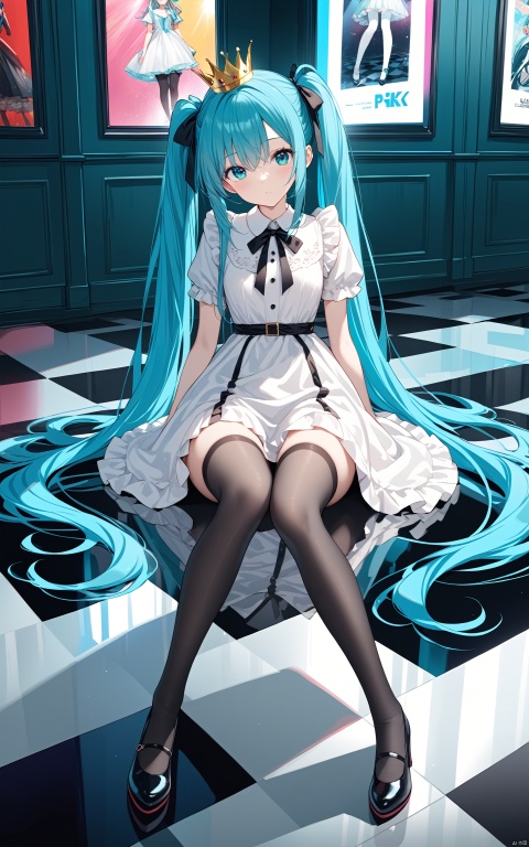  1girl, solo, long hair, looking at viewer, blue eyes, thighhighs, dress, ribbon, twintails, sitting, very long hair, blue hair, full body, flower, short sleeves, black thighhighs, white dress, aqua eyes, black ribbon, aqua hair, crown, checkered floor, hatsune miku, (masterpiece), (best quality), illustration, ultra detailed, hdr, Depth of field, (colorful), (reflection light), incredibly absurdres, (Movie Poster), clear boundaries of the cloth,