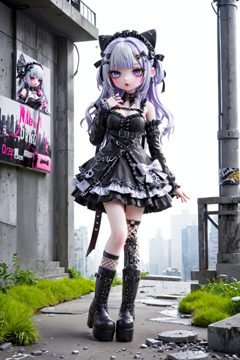 High fashion gothic Lolita street style photographed by Demonakos of a porcelain-skinned girl in an apocalyptic Harajuku outfit, black buckled platform boots, ruffled petticoat peeking below an embellished babydoll dress, huge bow headpiece, vibrant pop colors contrasted against a concrete jungle.