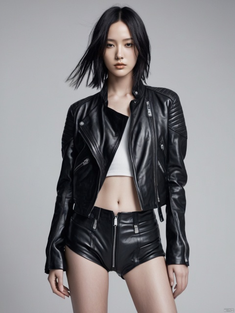  HDR photo of a beautiful young woman in a Rick Owens: Leather jacket, Pod shorts, by Ryan Yee, tumblr, thin bodysuit, julia sarda, an ultra realistic, woman is curved, anton fedeev, korean girl . High dynamic range, vivid, rich details, clear shadows and highlights, realistic, intense, enhanced contrast, highly detailed