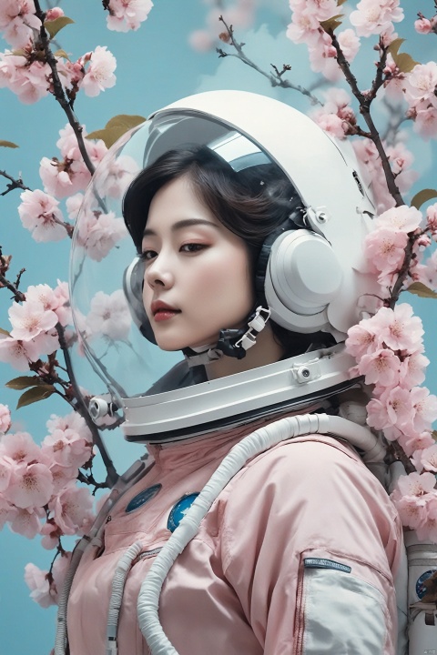  A double exposure photo of a woman astronaut with many pink plum blossoms smoke on her head and shoulders against a light blue floral background. Strange and weird, Double exposure, dark moody atmsophere, The photograph uses double exposure photography with pastel colors and soft lighting with a strong contrast between shadows and highlights. Astronaut helmet. Aestheticized violence, The natural scenery depicts a graceful posture and graceful body movements in the style of in.