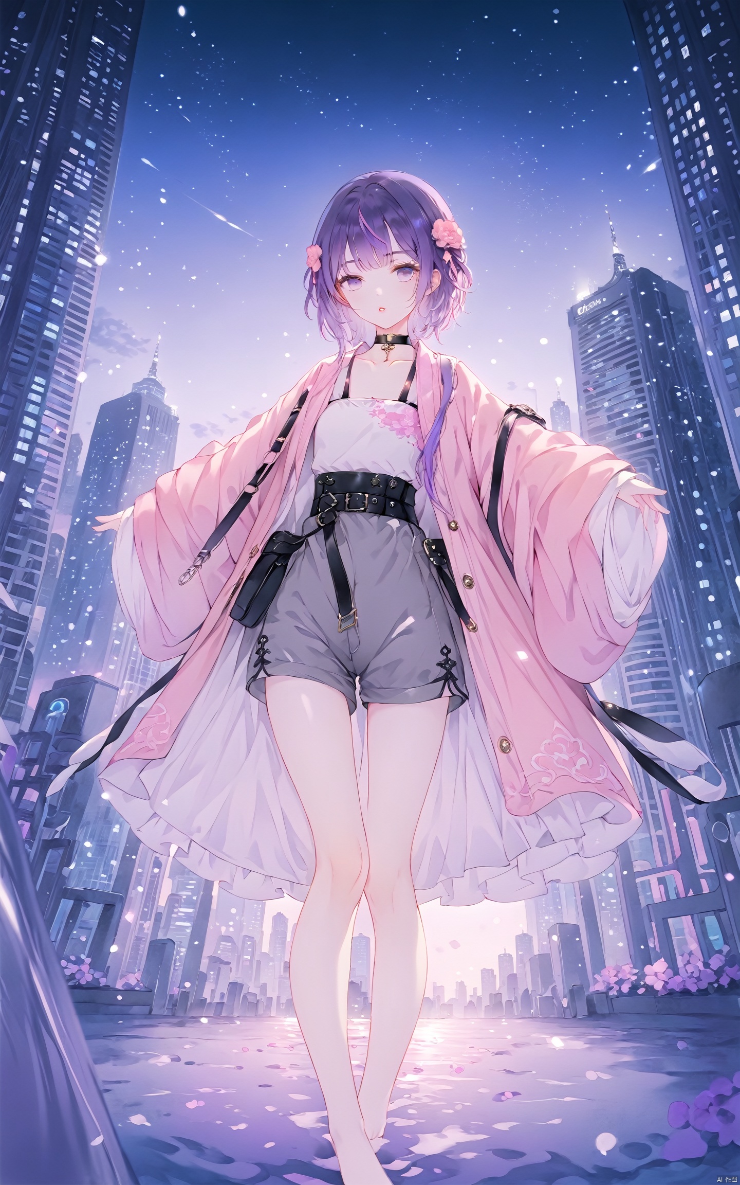  (masterpiece), (best quality), illustration, ultra detailed, hdr, Depth of field, (colorful), 1girl, solo, shorts, belt, multicolored hair, jacket, streaked hair, purple hair, parted lips, open clothes, looking at viewer, short shorts, short hair, night, choker, open jacket, pink jacket, purple eyes, grey shorts, shirt, long sleeves, bangs, **** top, collarbone, building, black belt, black choker, belt buckle, buckle, city, outdoors, sleeves past wrists, purple jacket, outstretched arms, skyscraper, cityscape, feet out of frame, small breasts,chinese_clothes