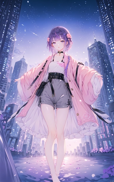  (masterpiece), (best quality), illustration, ultra detailed, hdr, Depth of field, (colorful), 1girl, solo, shorts, belt, multicolored hair, jacket, streaked hair, purple hair, parted lips, open clothes, looking at viewer, short shorts, short hair, night, choker, open jacket, pink jacket, purple eyes, grey shorts, shirt, long sleeves, bangs, tank top, collarbone, building, black belt, black choker, belt buckle, buckle, city, outdoors, sleeves past wrists, purple jacket, outstretched arms, skyscraper, cityscape, feet out of frame, small breasts,chinese_clothes