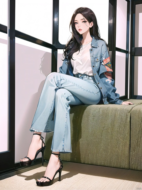  breathtaking (1girl), Printed jumpsuit, denim jacket, and block heels., korean . award-winning, professional, highly detailed