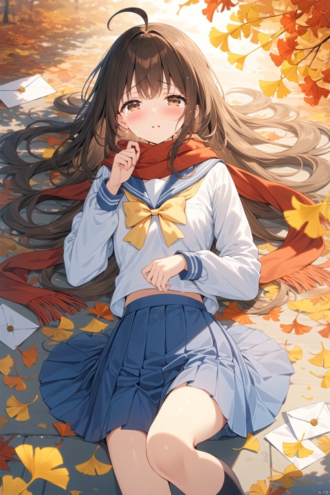  (masterpiece),(best quality),illustration,ultra detailed,hdr,Depth of field,(colorful),1girl,solo,school uniform,skirt,scarf,lying,serafuku,on back,long sleeves,autumn,blue skirt,looking at viewer,sailor collar,bow,brown eyes,long hair,tears,autumn leaves,bangs,blue sailor collar,shirt,parted lips,pleated skirt,white shirt,envelope,ahoge,blurry,red scarf,black hair,crying,leaf,letter,crying with eyes open,yellow bow,outdoors,brown hair,bowtie,ginkgo leaf,from above,tearing up,blush,