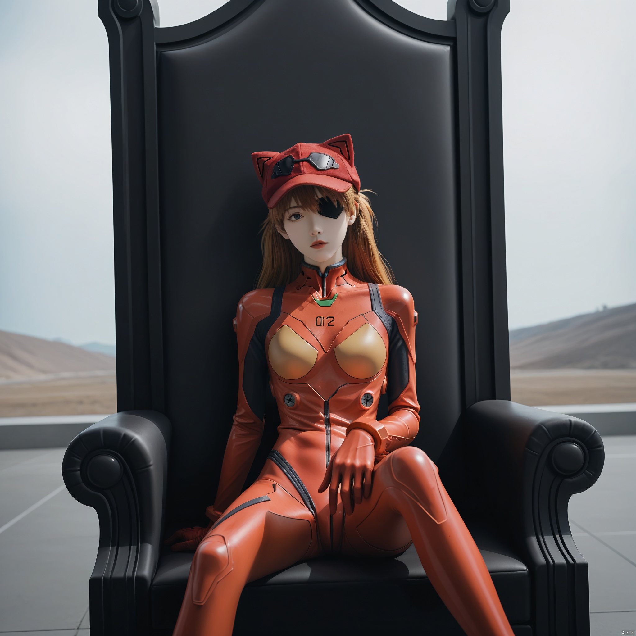 score_9,score_8_up,score_7_up,score_6_up,source_anime,masterpiece,best quality,ultra-detailed,very aesthetic,absurdres,
1girl,souryuu asuka langley,neon genesis evangelion,rebuild of evangelion,lance of longinus,cat hat,plugsuit,pilot suit,red bodysuit,sitting,crossed legs,black eye patch,throne,looking down,from bottom,looking at viewer,outdoors,masterpiece,best quality,very aesthetic,absurdres,