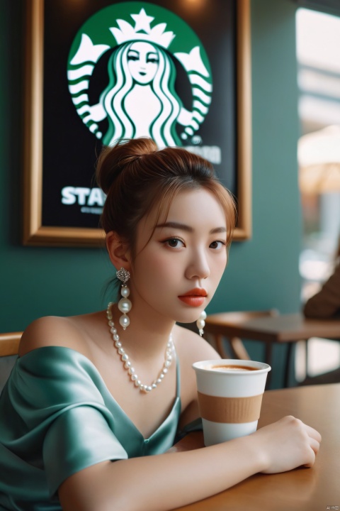 a woman sitting at a table with a cup of coffee, a photorealistic painting, inspired by Elsa Bleda, trending on pexels, realism, girl with a pearl earringl, starbucks, in a high renaissance style, portrait of a japanese teen, fashion shoot 8k, in thomas ruff style