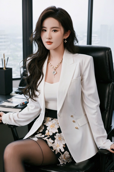  (upper body:1.3), liuyifei,flowers,masterpiece, best quality, ultra-detailed, ultra high res,8k, (photorealistic:1.2), RAW photo, extremely detailed, 1 girl, (18_years_old),(172cm tall), (((elegant))), (round face:1.3), (long hair), black hair, curly hair, seductive smile, beautiful detailed eyes, beautiful detailed face,(white shirt),suit jacketlexious,necklace,diamond ring,bracelets,earrings, large breasts, slender waist, long legs,thick legs,plump,strong abs,(high heels:1.3),(pantyhose:1.3),(in the office),sitting on a chair,cross legs,lighting on face, bright back lighting, liu yifei