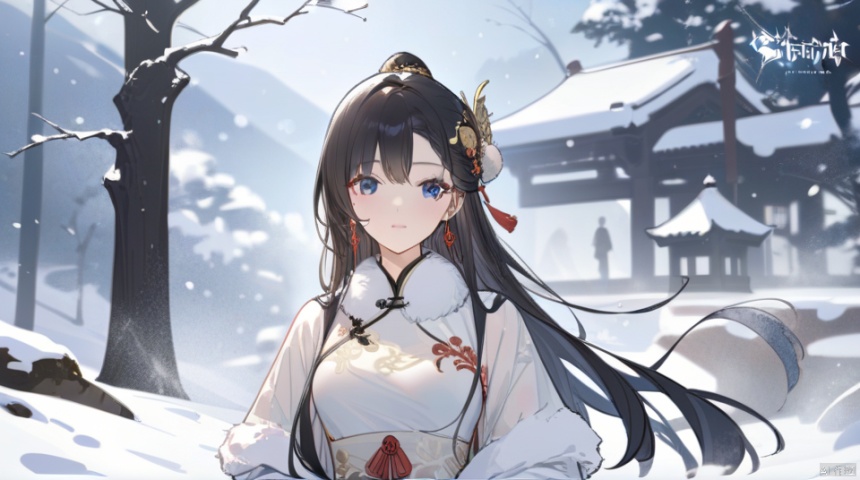 (best quality), ((masterpiece)), (highres), illustration, original, extremelydetailed,licg, 1girl, snow, black hair, solo, upper body, long hair, hair ornament, dress, jewelry, earrings, tree, snowing, white dress, winter, chinese clothes, licg, concept art