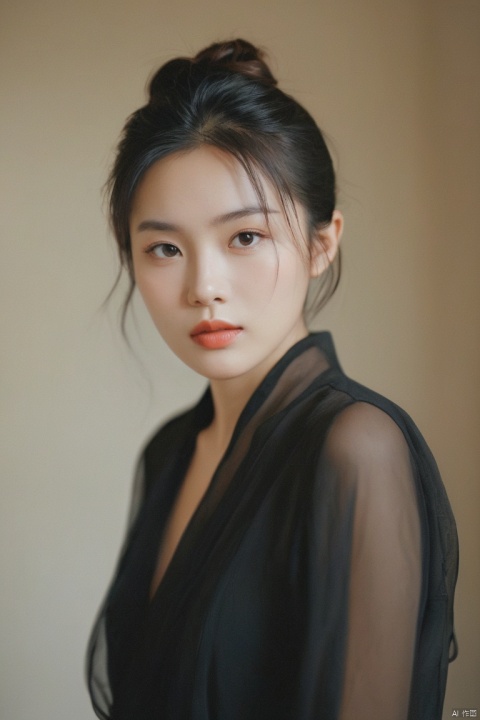  Surreal,film photography aesthetic,vintage aesthetic,A soft-focus portrait, a young Asian woman, delicate features, large expressive eyes, a gaze directly engaging the viewer, hair styled in a messy bun, sheer black attire allowing a hint of skin, natural light casting a warm glow, subtle high-key tones, emphasis on innocence and allure, ethereal and dream-like aesthetic, gentle blur imparting a sense of intimacy and softness, composition highlighting the subject's upper body and face, minimalist background ensuring focus remains on the woman's visage and poise.,