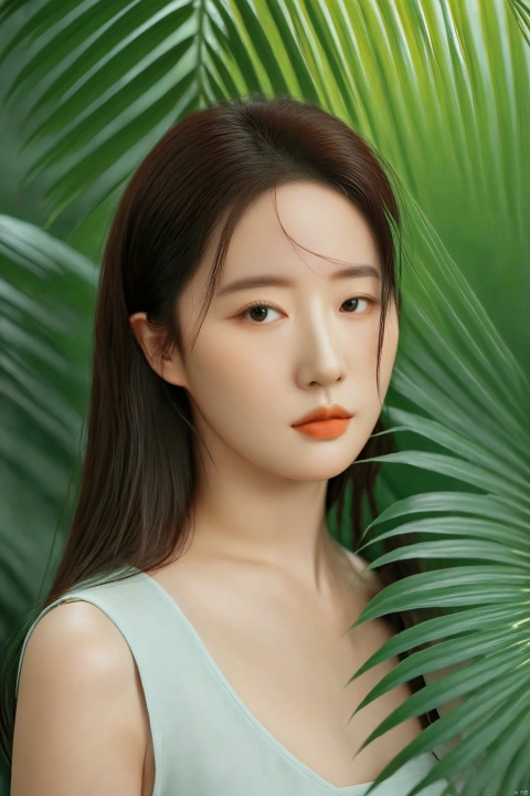  a woman standing in front of a palm leaf, a picture, inspired by Li Fangying, jinyoung shin aesthetic, editorial footage, avatar image, lovely delicate face, beauty retouch, very very very realistic,upper_body, 1girl, Professional, liu yifei