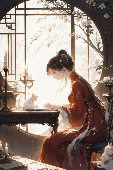  1girl,long hair,jewelry,earrings,single hair bun,(a white cat:1.4),chinese clothes,book,table,sitting,flower,circular window,window,dress,from side,hair ornament,hair bun,long sleeves,red dress,black hair,indoors,looking down,profile,brown hair,candle,light,GFGF,