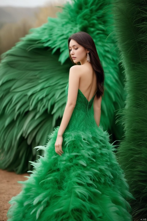  1girl,a gorgeous long dress made of feathers,green feather,huge feathers,complex background,beautiful background,(feathers everywhere:1.3),depth of field level,