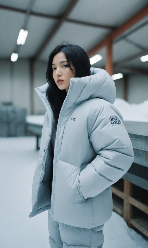 film photography aesthetic, In the photo, an Asian woman, likely in her 30s, inside an industrial freezer warehouse, wearing thick puffy down jacket, wearing thick puffy down pants, thick puffy down suit, direct and engaging gaze, long black hair cascading over her shoulders, clean and minimal background enhancing focus on the model, snow and ice covering everything, frost, ice, high-resolution image capturing fine details., Vibrant, whimsical