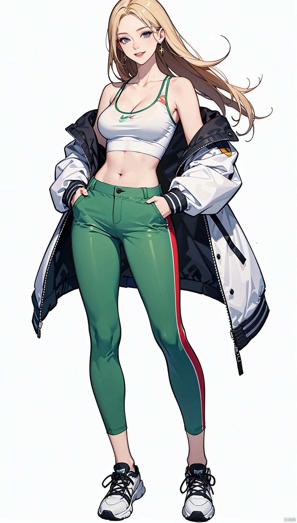  (best quality), ((masterpiece)), (highres), illustration, original, extremely detailed . ooo, 1girl, solo, long hair, breasts, white background, full body, simple background, blonde hair, sneakers, pants, shoes, blue eyes, looking at viewer, navel, white footwear, jewelry, earrings, crop top, off shoulder, midriff, jacket, hands in pockets, bare shoulders, green pants, smile, standing, cleavage, parted lips, open clothes, **** top, medium breasts, collarbone, open jacket, floating hair, nike, white jacket