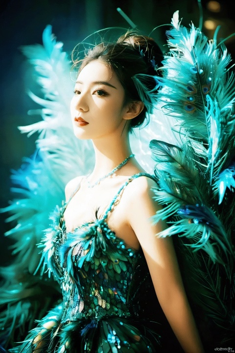 Create a commercial half-body portrait of a 20-year-old model in a peacock feather dress, illuminated by contour lighting to accentuate the cool-toned ambiance. The real, dazzling feathers of the dress should be the central element, with the lighting technique bringing out their splendor and dreamlike quality. The focus should be on capturing the model's upper body, highlighting how the light plays off the unique textures and colors of the feathers, creating a contrast between the vibrant dress and the subdued background