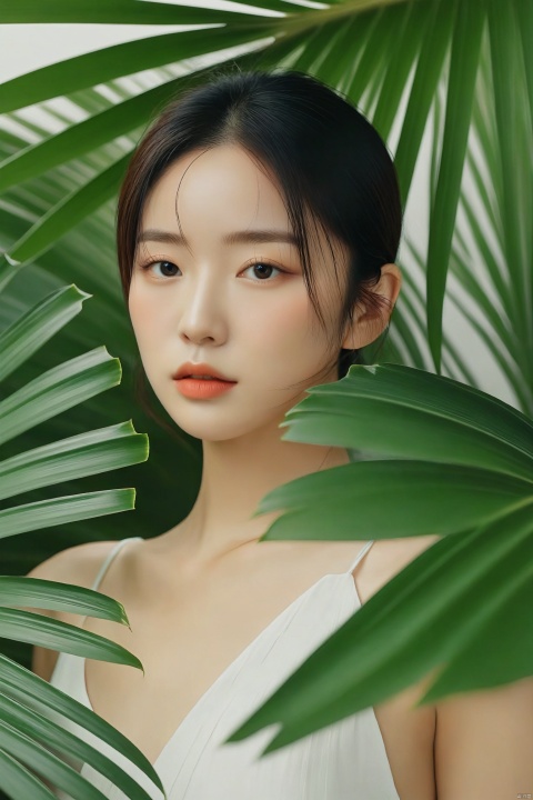  a woman standing in front of a palm leaf, a picture, inspired by Li Fangying, jinyoung shin aesthetic, editorial footage, avatar image, lovely delicate face, beauty retouch, very very very realistic,upper_body