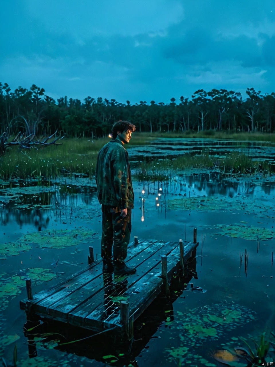  ink splashes, drips, surreal, a man standing on a dock in swampy wetlands, at a distance, moonlit, lonely,
