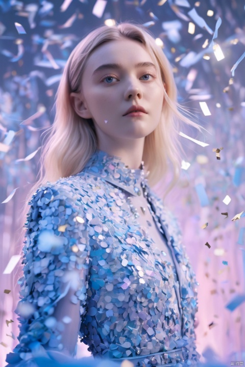  a woman looking picture of confetti, inspired by Yanjun Cheng, futuristic fashion show, blue color grading, elle fanning), aleksander rostov, incredibly ethereal, marat zakirov, stålenhag, sharpfocus, official valentino editorial, with dramatic lighting, fadeev 8 k, aurora aksnes and zendaya,
