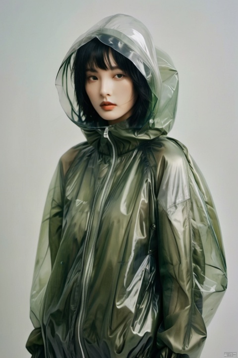 Fine art photography of a beautiful slender Japanese model walking, high-fashion custome designed by Martin Margiela, short black hair, multiple soft lighting, greenish gray background, transparent plastic, inflated, multilayered, puffy, intricated, hooded, surreal, subdued, realistic, characters