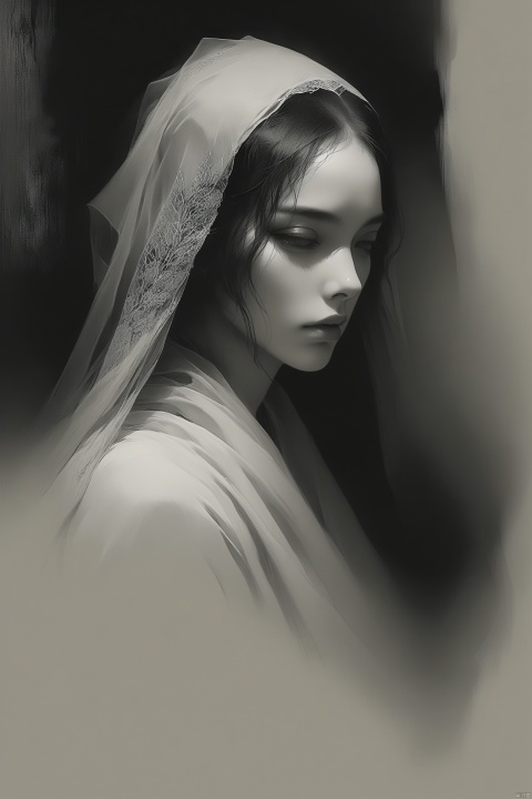  best quality,line art,line style,
the essence of a woman's face,partially obscured by a black veil. Her eyes,the windows to her soul,are the focal point of this image. They are large and expressive,framed by thick,dark eyelashes that add depth and intensity to her gaze. The veil,draped over her head and covering her mouth,adds an air of mystery and intrigue. A decorative headpiece adorns her forehead,its intricate design adding a touch of elegance and cultural significance. The background is a stark black,providing a stark contrast that accentuates the details of her face and the veil.The woman's position relative to the background suggests she is standing in front of it. The photograph beautifully encapsulates a moment of quiet contemplation and cultural richness., as style, concept art