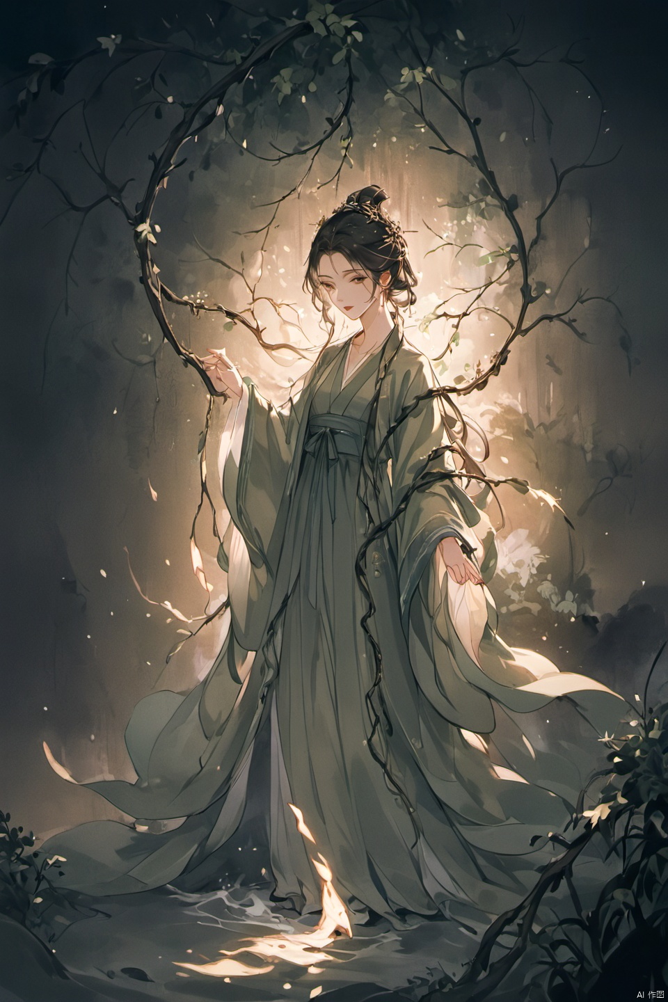  Fashion editorial style a asian girl with hanfu ruqun,Jin style, joint brand, ribbon, Withered leaves, old vines, plant illustration, splash ink,High fashion, trendy, stylish, editorial, magazine style, professional, highly detailed, cinematic lighting, Dramatic lighting, concept art, shanhaijing