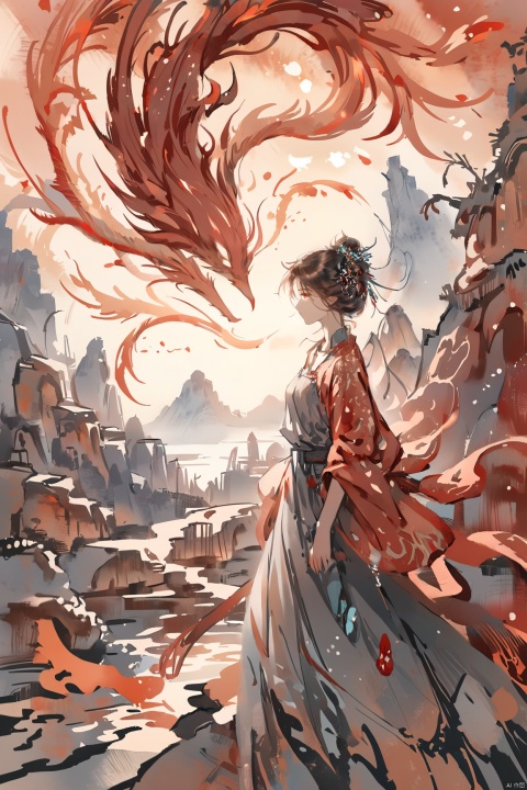  Detailed complex chaotic seascape red burning light mysterious silhouette of phoenix,fung-hwang,UV-reactive, red light art concept by Waterhouse, Carne Griffiths, Minjae Lee, Ana Paula Hoppe, Stylized florescent art, Intricate, Complex contrast, HDR,OverallDetail, mineral color painting, watercolor