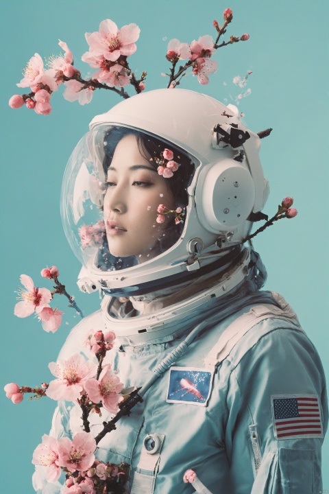  A double exposure photo of a woman astronaut with many pink plum blossoms smoke on her head and shoulders against a light blue floral background. Strange and weird, Double exposure, dark moody atmsophere, The photograph uses double exposure photography with pastel colors and soft lighting with a strong contrast between shadows and highlights. Astronaut helmet. Aestheticized violence, The natural scenery depicts a graceful posture and graceful body movements in the style of in.