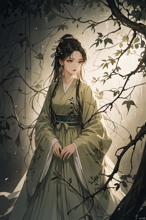  Fashion editorial style a asian girl with hanfu ruqun,Jin style, joint brand, ribbon, Withered leaves, old vines, plant illustration, splash ink,High fashion, trendy, stylish, editorial, magazine style, professional, highly detailed, cinematic lighting, Dramatic lighting