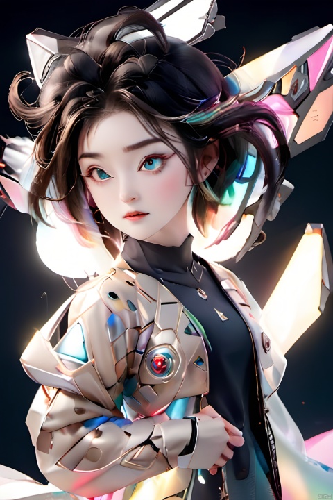  (1girl:1.3),full_body,gundam,highly realistic,glassy translucence,graceful, pose, blink-and-you-miss-it detail,Sci-fi light effects,(Illuminated circuit board:1.6),rich colors,gorgeous colors,colorful, with light beams on the face, tianqi, tqj-hd, TIANQIJI