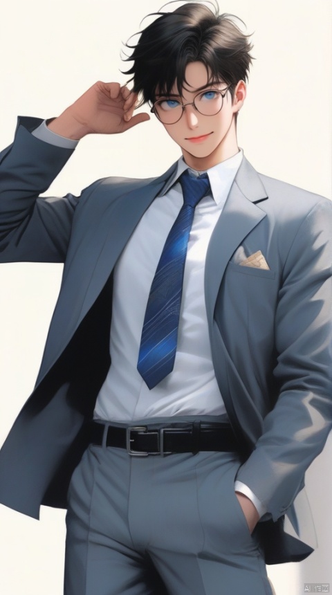  (best quality), ((masterpiece)), (highres), illustration, original, extremely detailed,jjj,solo, male focus, 1boy, necktie, glasses, adjusting eyewear, shirt, belt, white background, looking at viewer, simple background, pants, formal, blue eyes, black hair, grey jacket, long sleeves, smile, hand in pocket, suit, jacket, black belt, black shirt, dated, hand up, short hair, closed mouth, grey pants, collared shirt, concept art