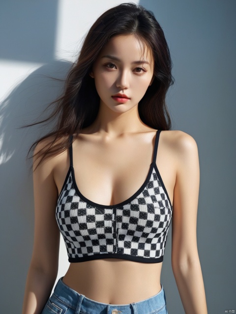 HDR photo of a beautiful young woman in a checkered top, by Ryan Yee, tumblr, thin bodysuit, julia sarda, an ultra realistic, woman is curved, anton fedeev, korean girl ,FULL BODY . High dynamic range, vivid, rich details, clear shadows and highlights, realistic, intense, enhanced contrast, highly detailed