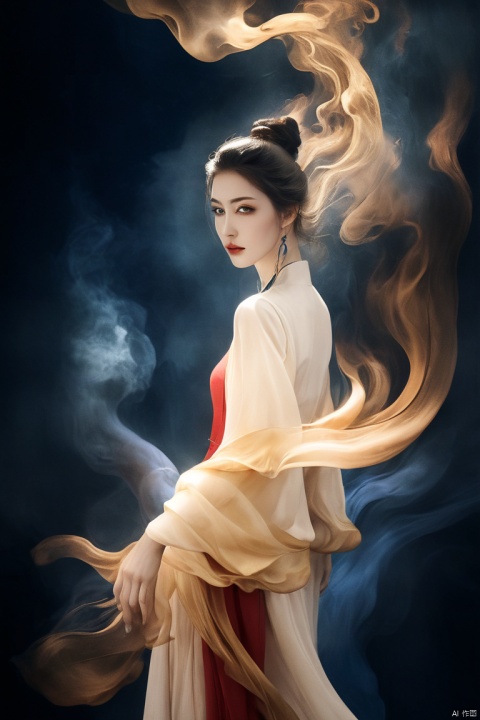  cinematic photo 1girl distorted wallpapers, in the style of gabriele viertel, colorful abstract expressions, cyril rolando, flowing forms, smokey background, dark blue and crimson, gold highlights, digitally enhanced,neowrsk, 