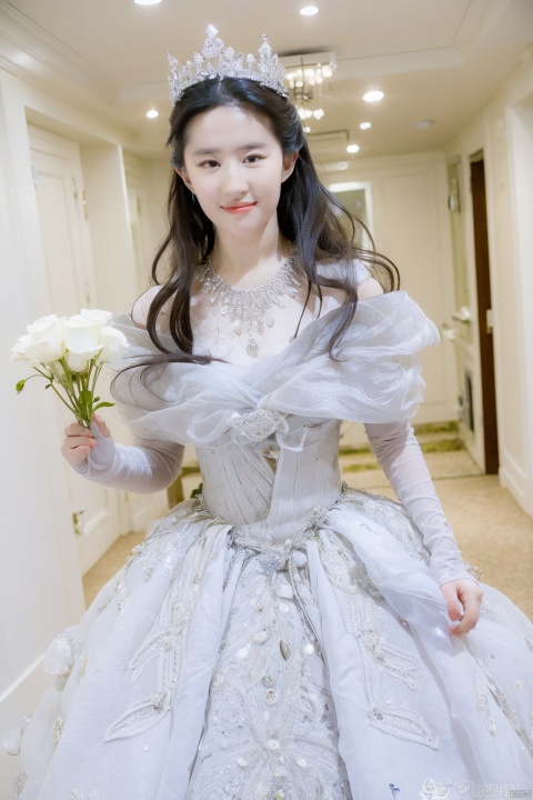  Ultra-clear 8k, real, night, long curly hair, smile, crown, necklace, perspective, hanger, wedding studio, nudity, holding flowers, diamonds, lots of dresses around, selfie, jy