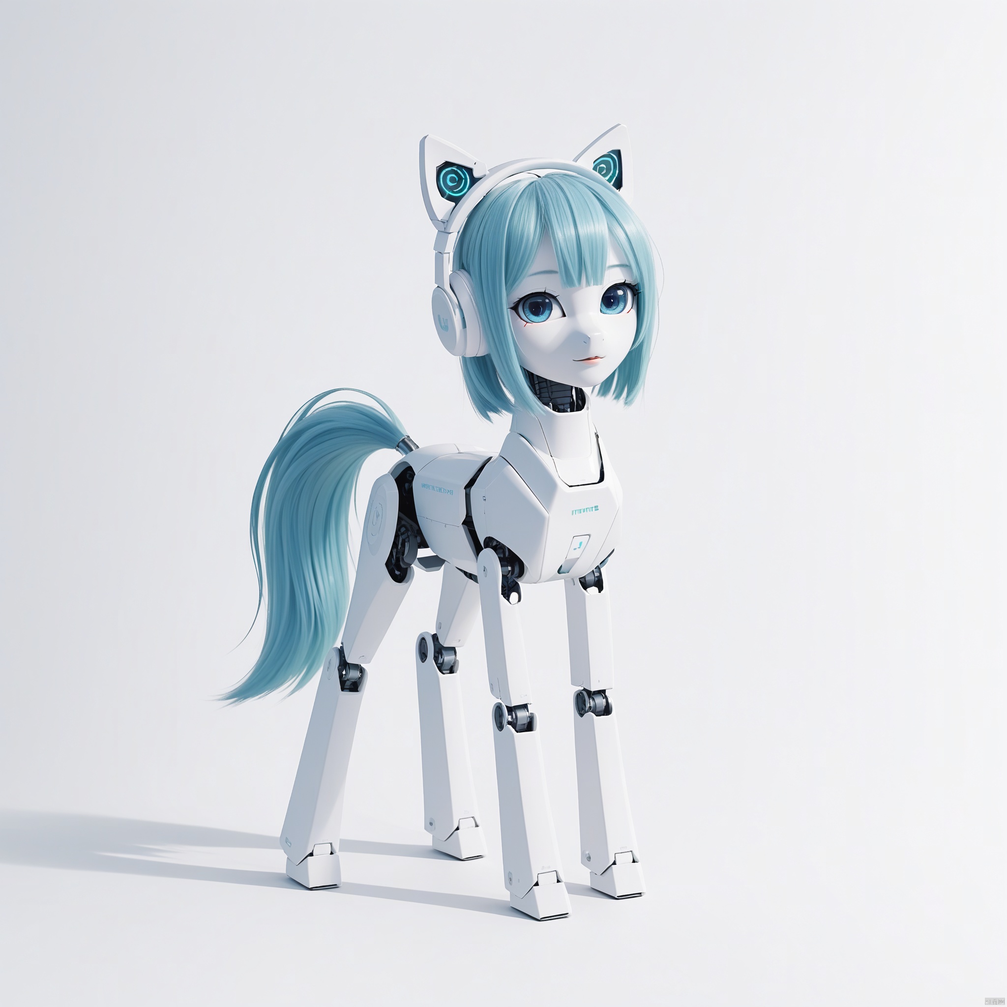 score_9, score_8_up, score_7_up, score_6_up, score_5_up, score_4_up source_pony,  foal AI girl, robotic, sexy, joints, animal ears, 1girl, robot joints, solo, android, outdoors, mechanical ears, looking at viewer, fake animal ears, short hair, blue eyes, headphones, blue hair, tail,   standing,  animal ear headphones, shadow, robot, aqua hair, full body, simple background, white background ,