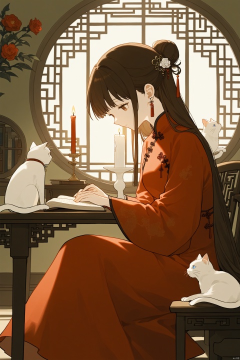  1girl,long hair,jewelry,earrings,single hair bun,(a white cat:1.4),chinese clothes,book,table,sitting,flower,circular window,window,dress,from side,hair ornament,hair bun,long sleeves,red dress,black hair,indoors,looking down,profile,brown hair,candle,light,GFGF,