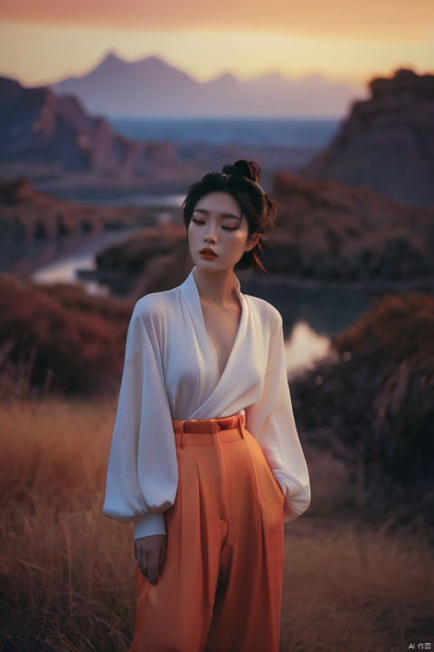  1 young chinese woman oversized pants gradient dream-like,eerie,ethereal,landscapes,magic,photography,photography-color,shallow-depth-of-field by TJ Drysdale Charles Robinson,