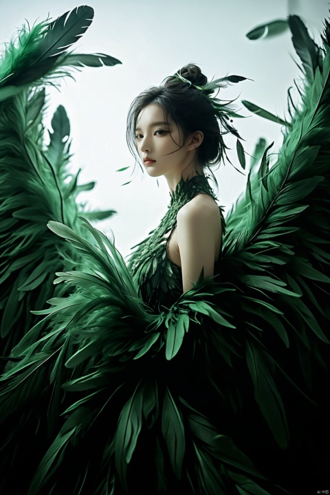  1girl,a gorgeous long dress made of feathers,green feather,huge feathers,complex background,beautiful background,(feathers everywhere:1.3),depth of field level, liuyifei