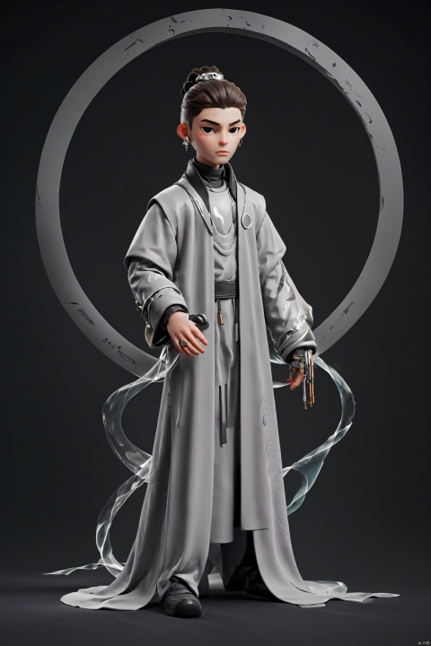  a character, possibly male,standing,full body,full view, with a futuristic or cyberpunk aesthetic. He has a sleek, silver-grey outfit with intricate details, including a chest plate with a circular design and a long, flowing cloak. The character's hair is styled in a bun, and he has a piercing on his left ear. He is holding a long, slender weapon in his right hand, and there are various digital elements, such as floating icons and a glowing circle, in the background