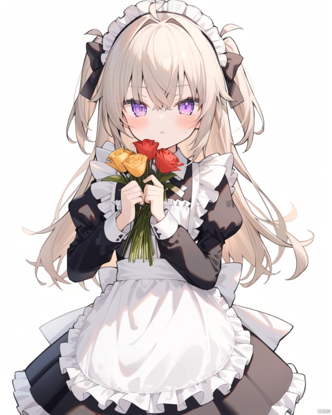  rurudo, 1girl, solo, flower, bouquet, purple eyes, maid headdress, looking at viewer, maid, apron, holding, white background, long sleeves, holding bouquet, grey hair, dress, bow, juliet sleeves, puffy sleeves, blush, simple background, parted lips, frills, ribbon, two side up, hair bow, maid apron