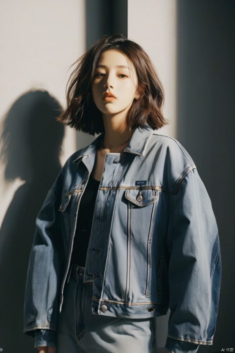  breathtaking analog film photo,(((grey background))),(((slender chin))),((Balenciaga oversized denim jacket with a logo-printed back )),1girl,20 years old,instagram girl,idolmaster,looking at viewer,Flowing cloth,Beautiful dynamic dramatic dark moody lighting,volumetric,shadows,cinematic atmosphere,Octane render,8K,award-winning,professional,highly detailed . faded film,desaturated,35mm photo,grainy,vignette,vintage,Kodachrome,stained,highly detailed, . award-winning, professional, highly detailed
