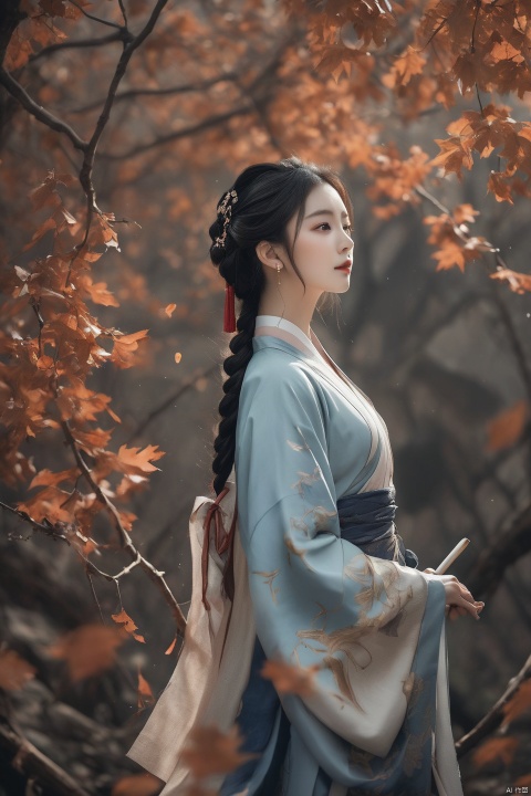  Fashion editorial style a asian girl with hanfu ruqun,Jin style, joint brand, ribbon, Withered leaves, old vines, plant illustration, splash ink,High fashion, trendy, stylish, editorial, magazine style, professional, highly detailed, cinematic lighting, Dramatic lighting