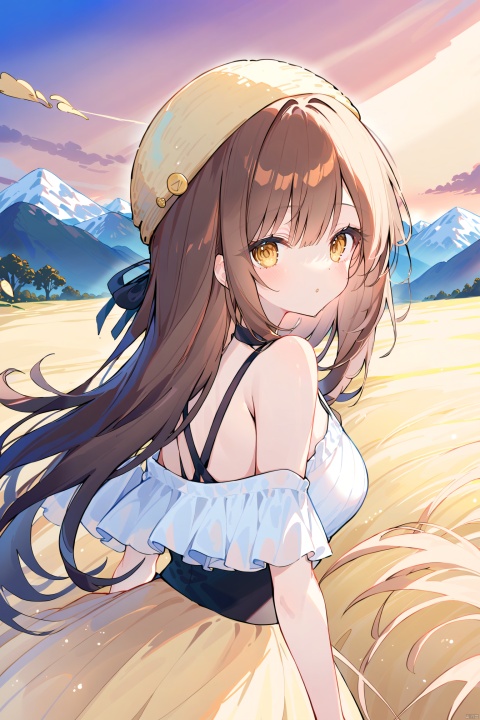  (((high detail))), best quality, 1girl,full frame, working in the golden wheat field, straw hat,dark brown long flowing hair blowing in the wind, mountains in the far background, sunset