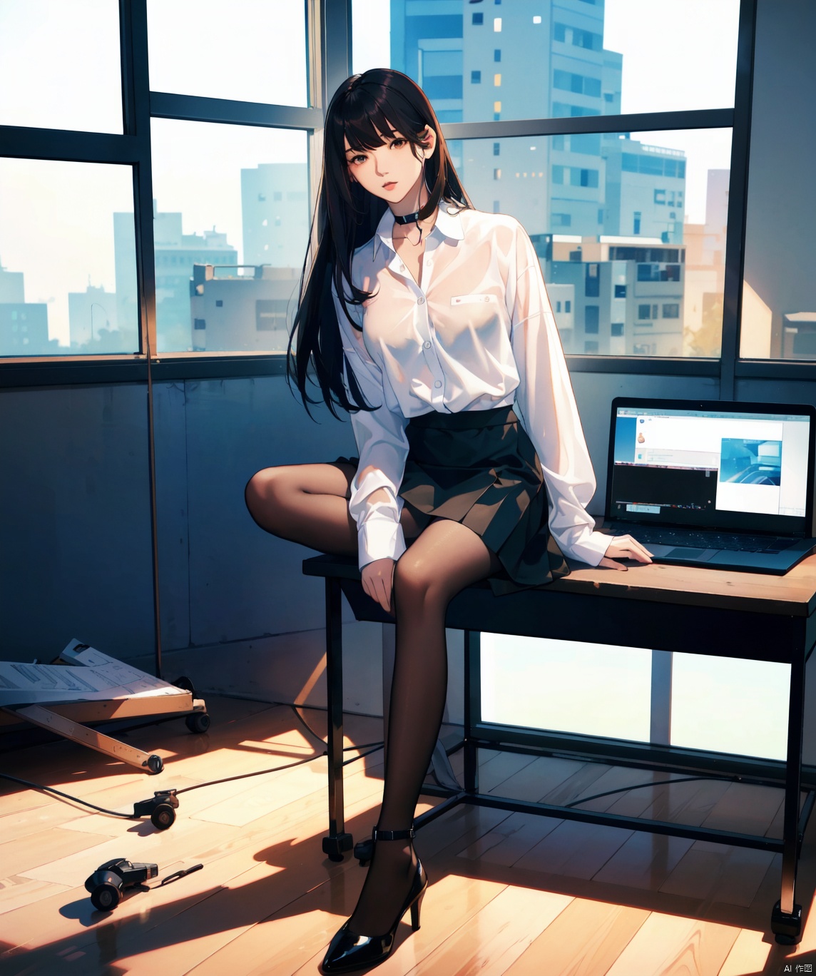  Correct scale,(Asian Girl),beautiful 18 year old girl, 1girl, solo, (long hair,(black hair)), looking at laptop, skirt, shirt, long sleeves,(brown eyes), sitting,((white shirt),see-through), pantyhose, parted lips, choker, socks, collared shirt, indoors,(black skirt),(black pantyhose), computer, laptop,(pale skin), impactful visuals, sense of space, best quality, super detailed, photo like image quality, colorful painting,masterpiece, best quality,((high saturation)),((ultra-detailed)), crossed legs, office,huge window on the back, Outside the window is the Cyberpunk city