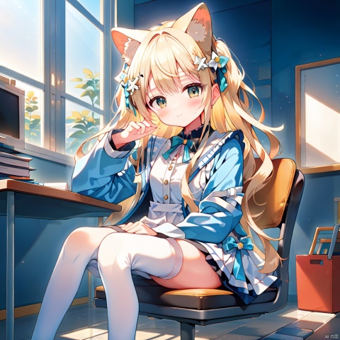  1girl,cat ears,anime style,white long hair,full body,loli,potrait,nai night scape,masterpiece,in classroom,white legwear,((sunny out side)),best quality,solo,momoko,cat ears,in seat,solo,morning,indoor,cinematic lighting,looking at window,long hair,sitting on school chair,school desk,hair ornament,hair flower,cute,white flower,light blue coat,white dress,cinematic lighting,white tail,
