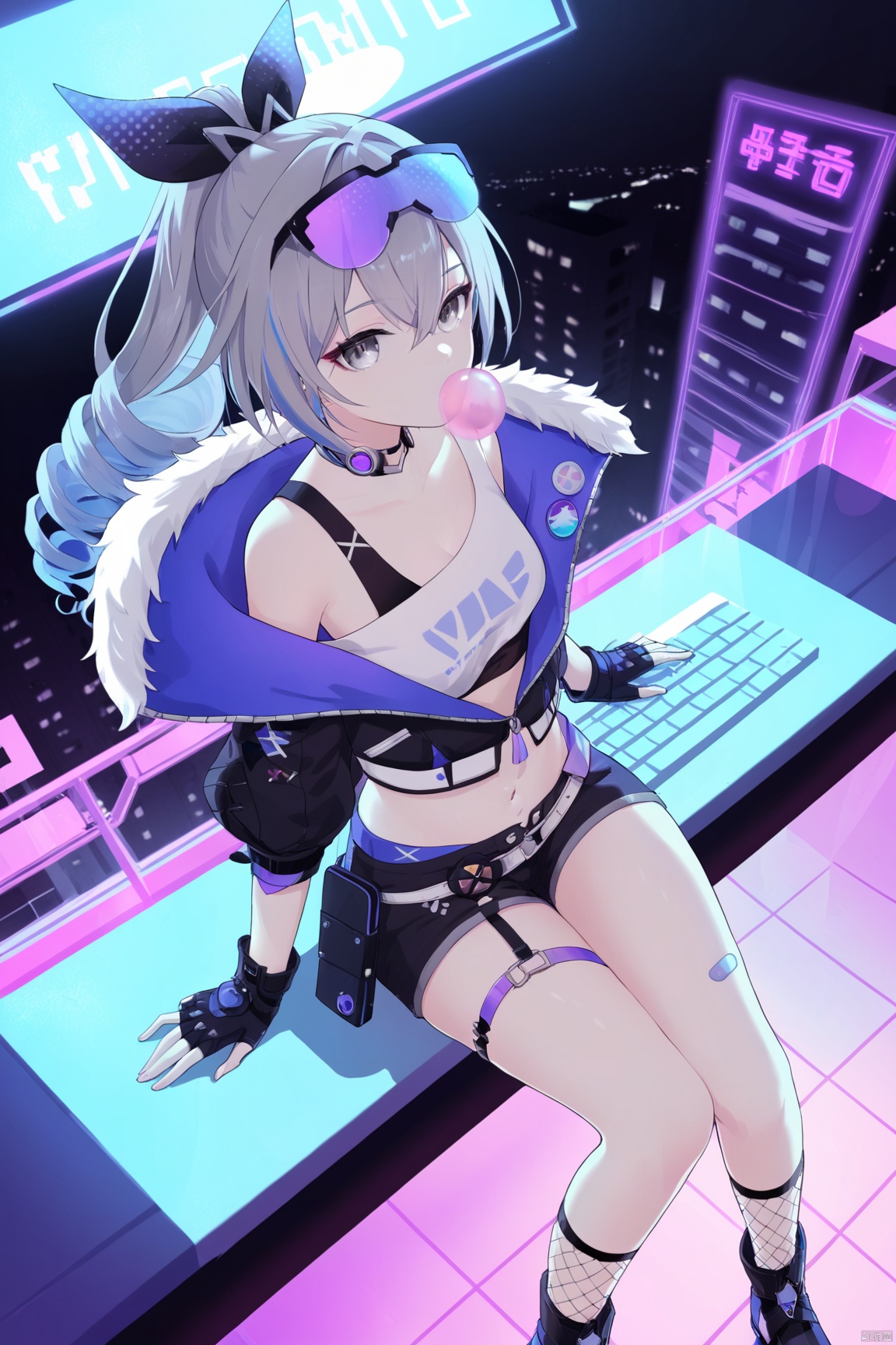  masterpiece,best quality,1 synth wave style girl,blue outline,streets with neon lights,blue fluorescent coatings,solo,from above,cowboy shot,sitting on the top of the building,extremely detailed CG,flat color,limited palette,noline art,silhouette,partially colored,alternate color,dynamic angle,blue long upper shan,dark violet shadow,synth wave,chromatic aberration,(solo focus),perfect shadow,wearing an off- shoulder floating jacket,delicate face,bare shoulder,beautiful and delicate eyes,delicate background,blue neon light, 

yinlang, bronya zaychik, eyewear on head, grey eyes, jacket, shorts, drill hair, fingerless gloves, navel, grey hair, long hair, mesh socks,bubble blowing, chewing gum,