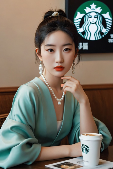  a woman sitting at a table with a cup of coffee, a photorealistic painting, inspired by Elsa Bleda, trending on pexels, realism, girl with a pearl earringl, starbucks, in a high renaissance style, portrait of a japanese teen, fashion shoot 8k, in thomas ruff style, liu yifei, liuyifei