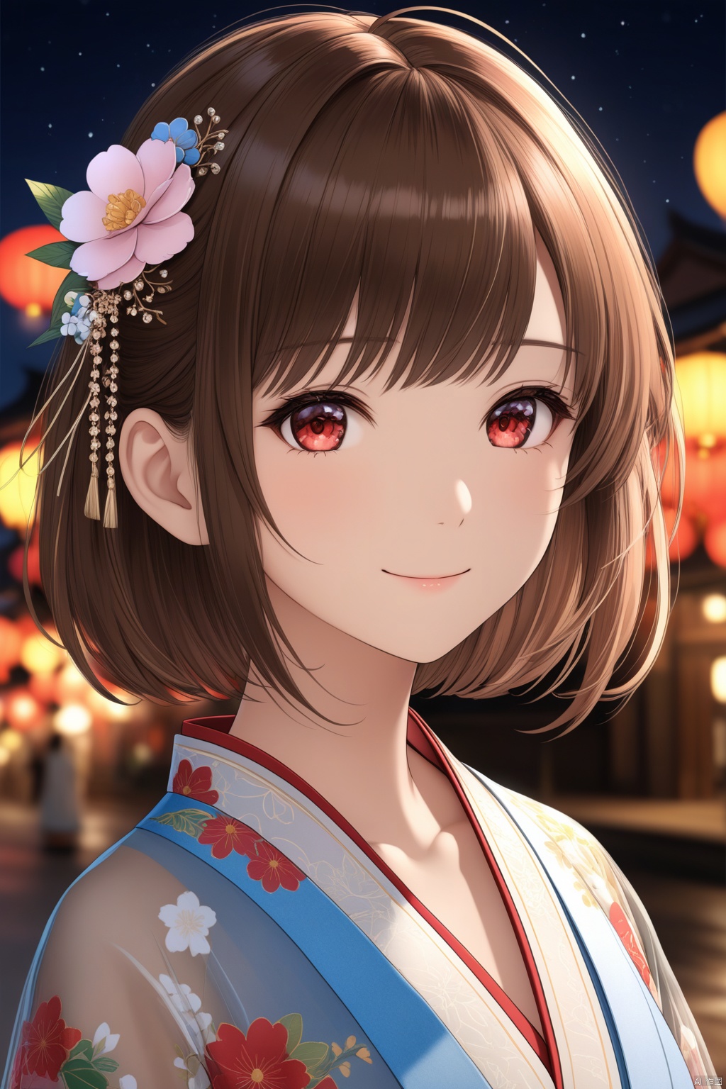  (masterpiece),(best quality),illustration,ultra detailed,hdr,Depth of field,(colorful),mmd,night,1girl,solo,red eyes,looking at viewer,hair ornament,short hair,upper body,brown hair,blurry,ahoge,bangs,see-through,depth of field,hanfu,smile,floral print,closed mouth,