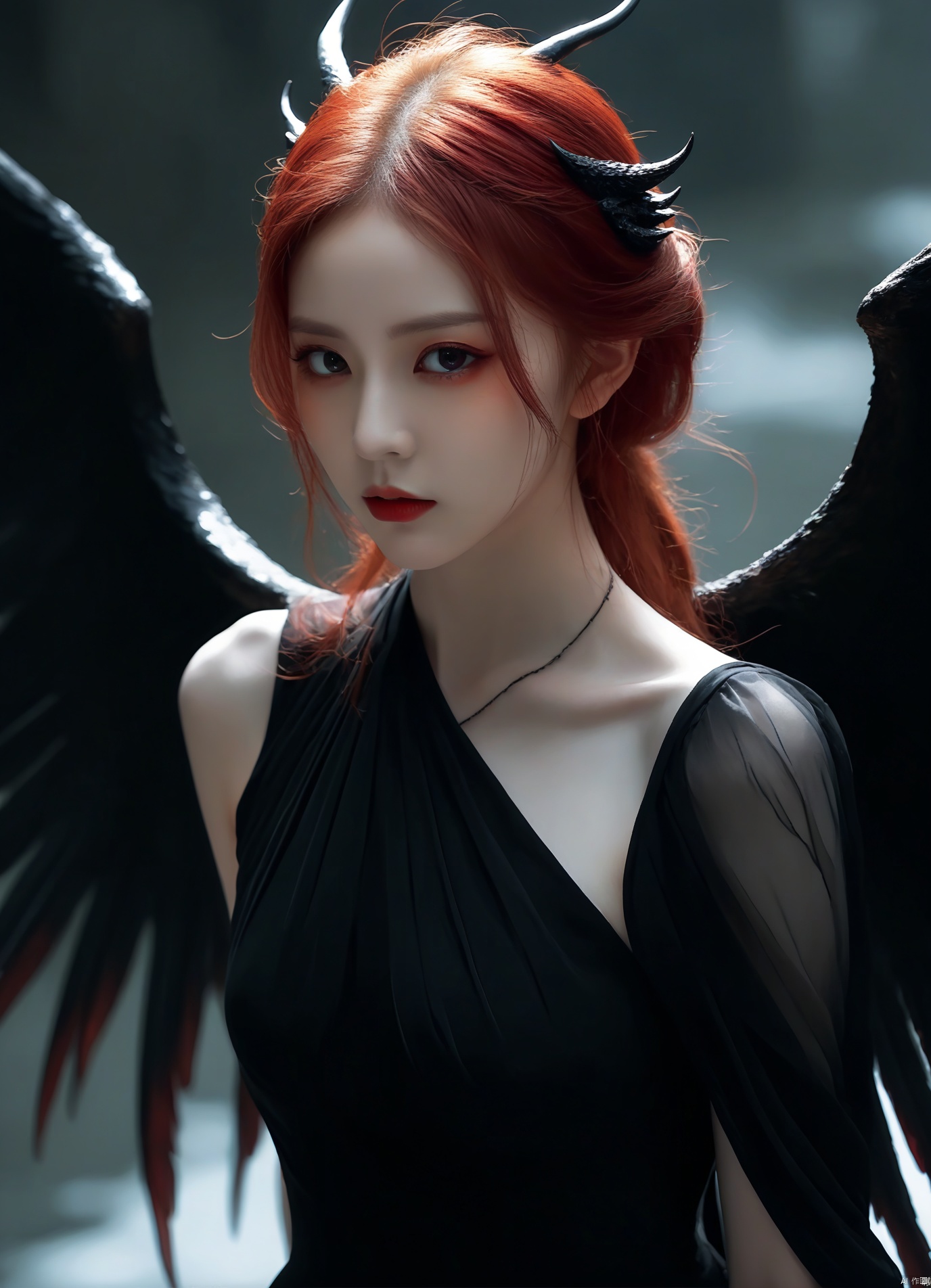 (score_9,score_8_up,score_7_up),1girl, girl demon, red hair, red eyes, wings, claws, black dress, beautiful_face, monkren