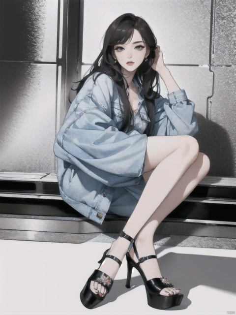  breathtaking (1girl), Printed jumpsuit, denim jacket, and block heels., korean . award-winning, professional, highly detailed